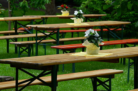 brown wooden picnic tables near green leaf plants during daytime