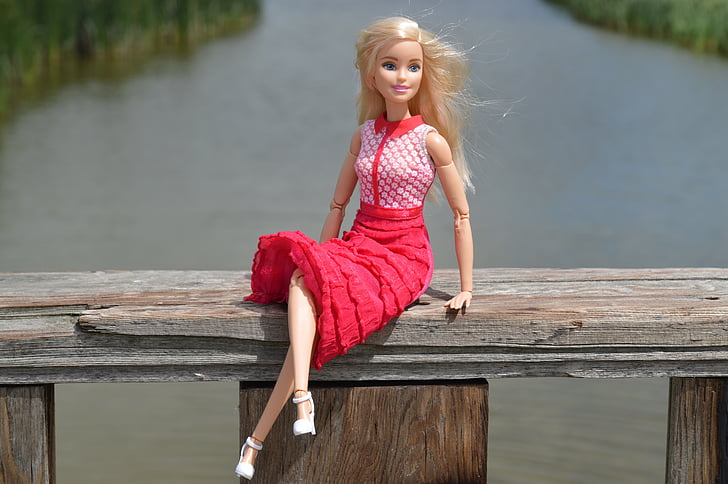 Barbie doll sitting on brown wood board