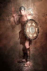 man wearing round silver-and-black shield and axe painting