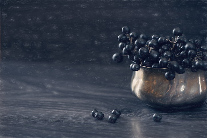 black berries on stainless steel bowl painting