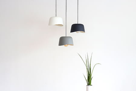 three white, black, and gray pendant ceiling lamps near green leaf plant