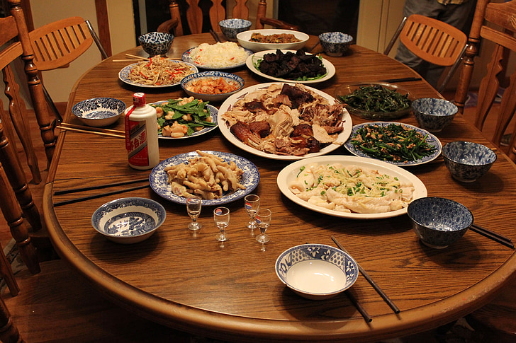 arranged variety of food on table