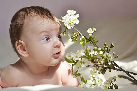 photography of baby beside white petaled flowers