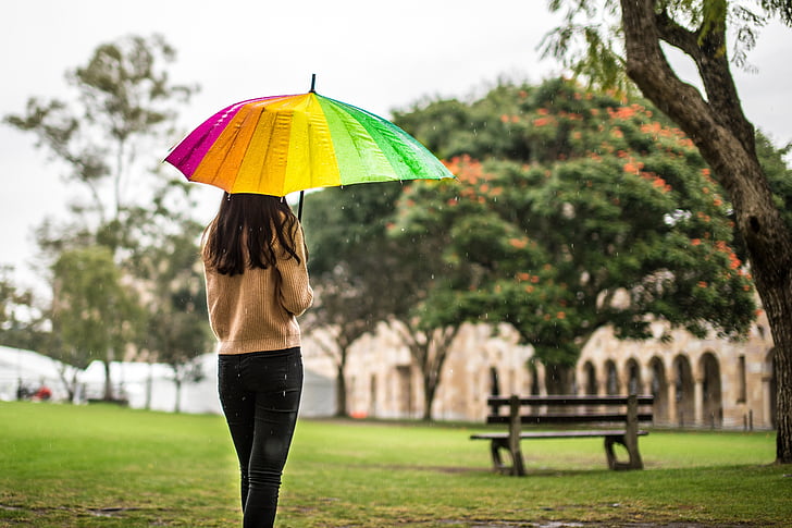 woman standing and holding multicolored umbrella