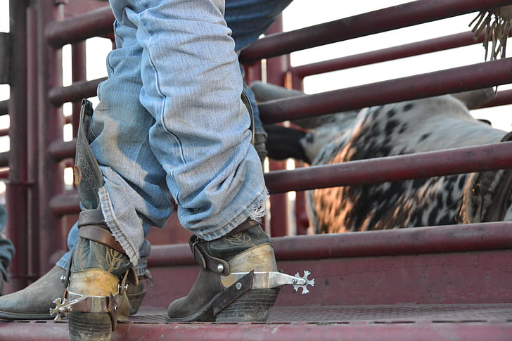 person wearing blue jeans and cowboy boots near animal cage