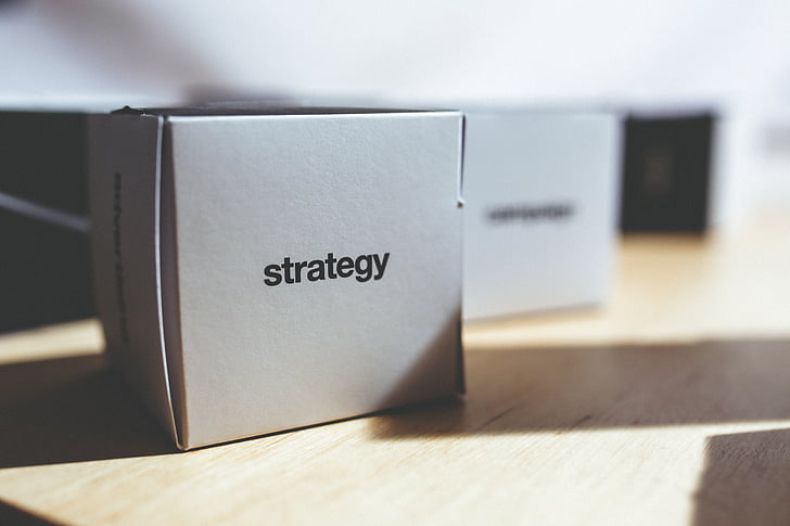 white Strategy box on brown wooden surface