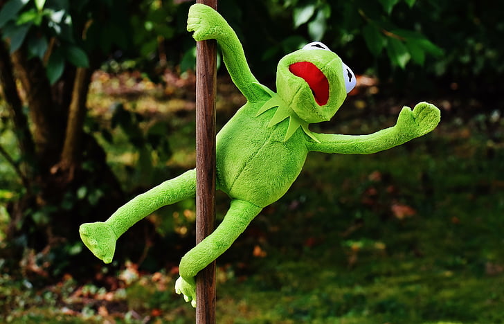 Kermit the Frog holding on pole