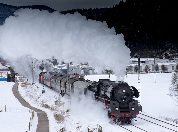 black train on snow trail