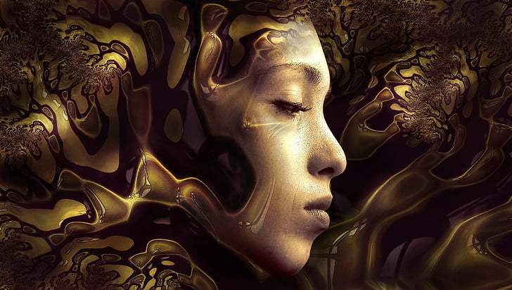 woman's face surrounded by gold liquid