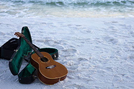 guitar leaning on guitar case on seashore