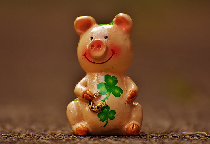 pink and green clover-print ceramic pig figurine macro photography