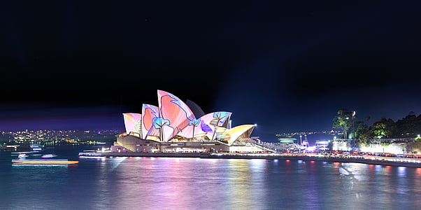 Sydney Opera House with multicolored lights at night time