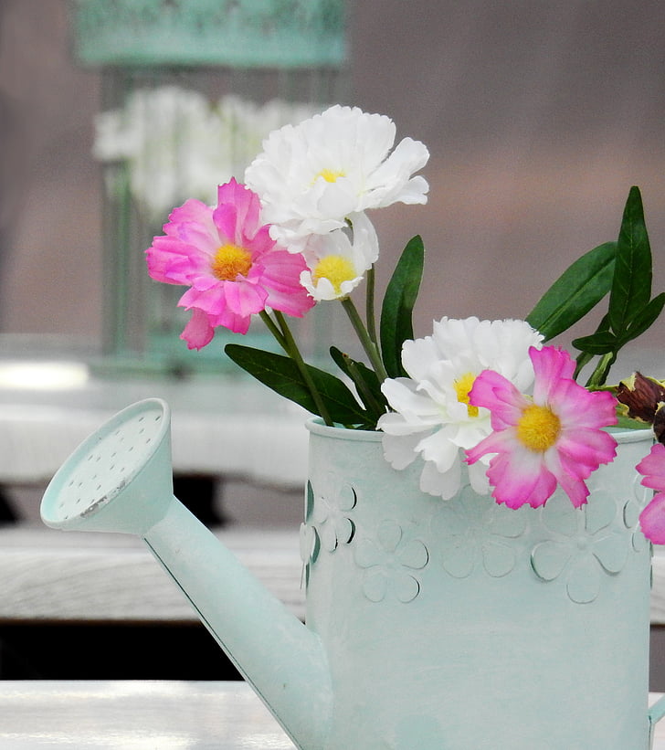 white and pink flowers inside white watering can