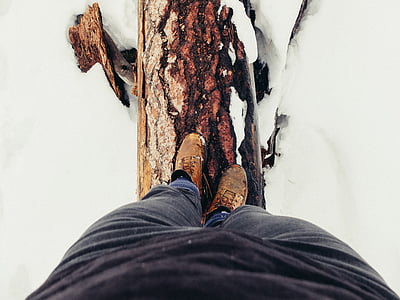 person wears black pants standing on brown tree log on snow field