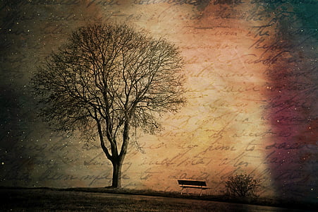 wither tree painting beside bench