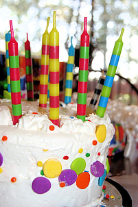 round white icing-covered icing with multicolored candles