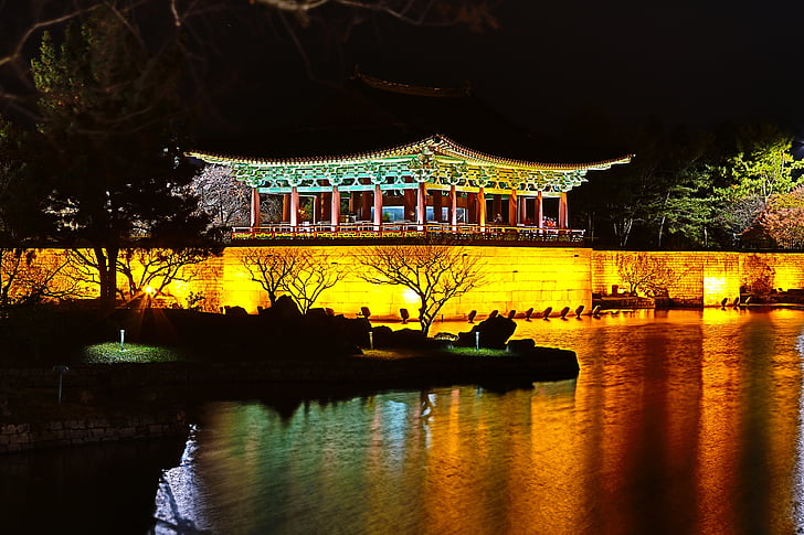 green and brown temple near body of water at night