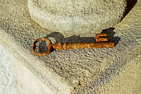 brown skeleton key on gray concrete surface