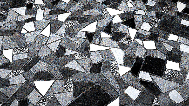 grayscale photo of mosaic floor