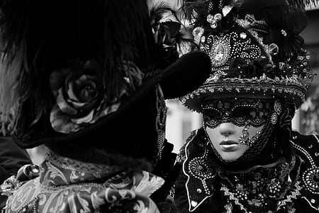 grayscale photography of two persons wearing masquerade masks