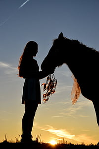 silhouette of woman standing in front of horse
