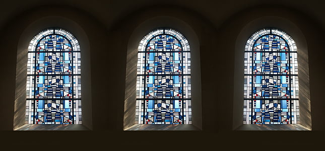 blue-and-black clear mosaic glass windows