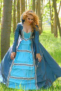 selective focus photography of woman wearing blue ball gown standing on green grass field