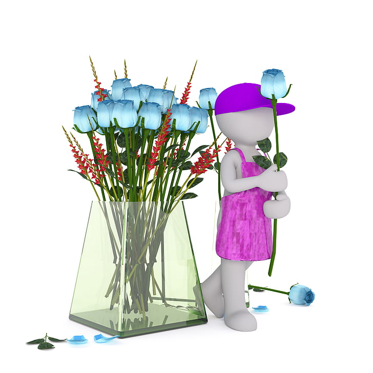 blue rose flowers in glass vase beside male mannequin holding rose flower and wearing pink cap and apron