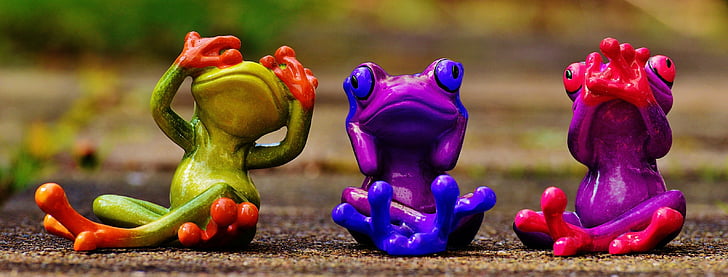 three assorted-color frog figurines