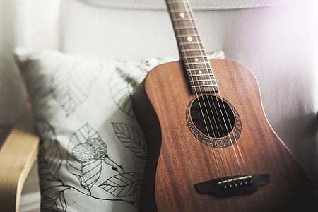 selective focus photo of brown acoustic guitar leaning on white and black floral throw pillow