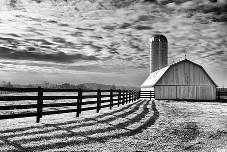 grayscale photo of barn under cloudy sky during daytime