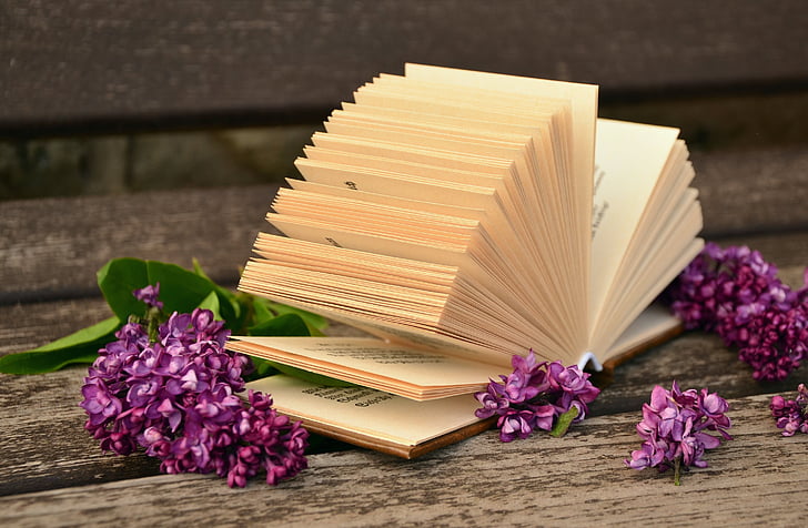 beige book with pink flowers on brown surface