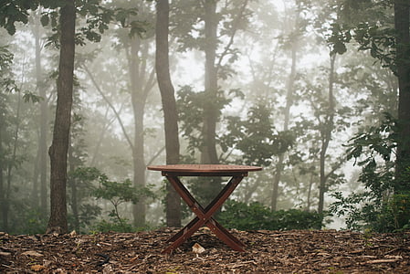 brown wooden folding table on withered leaves
