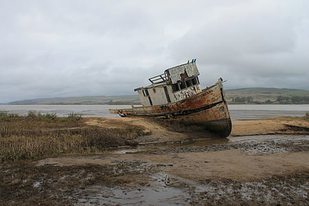 gray shipwreck beside sea