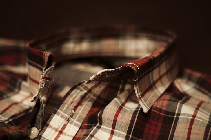closeup photography white and red plaid collared top