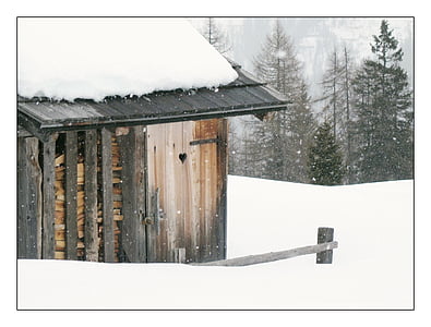 gray and beige wooden shed covered with snow