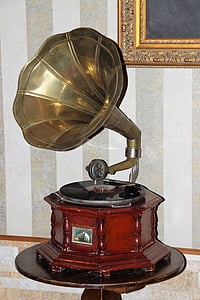 brown and black gramophone on end table