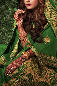 woman wearing green and white floral sari dress