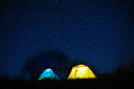 landscape photography of blue and yellow tents during nighttime