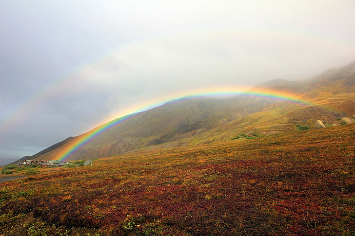landscape photography of green mountain with rainbow