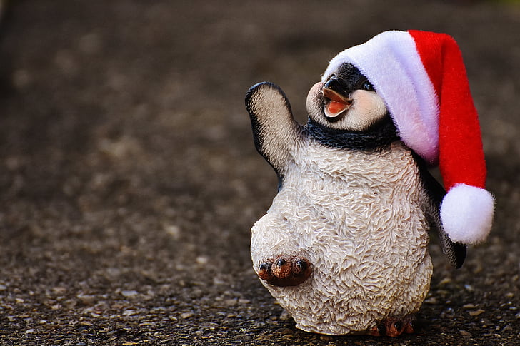 penguin, figure, christmas, santa hat, decoration, funny