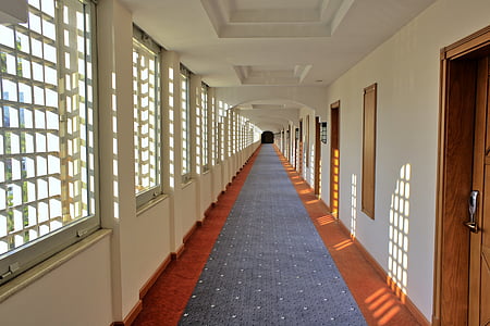 gray and brown hallway between windows and doors
