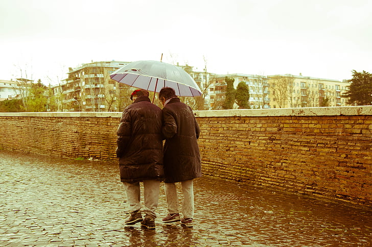 two person holding umbrella walking under the rain