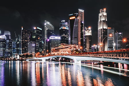 city buildings beside body of water and bridge during night time