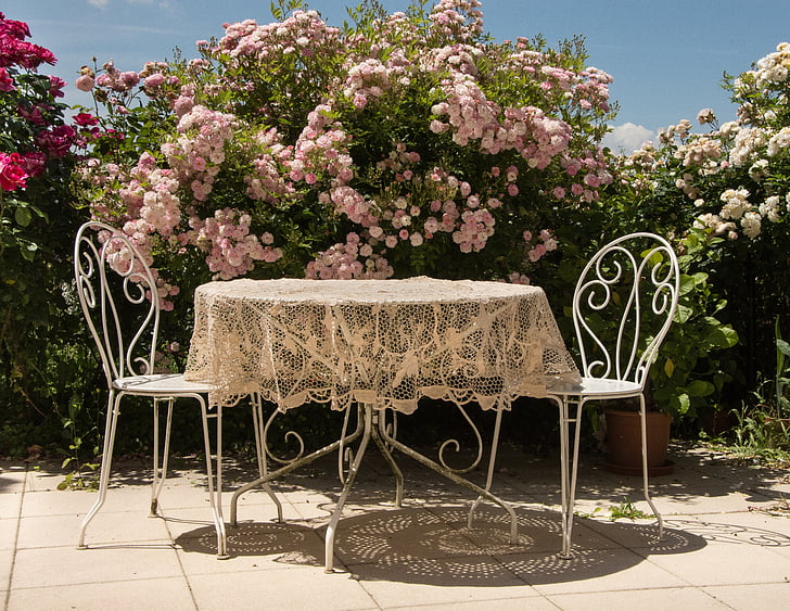 two white metal chairs and table beside pink petaled flowering plant