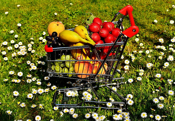 variety of fruits in shopping cart
