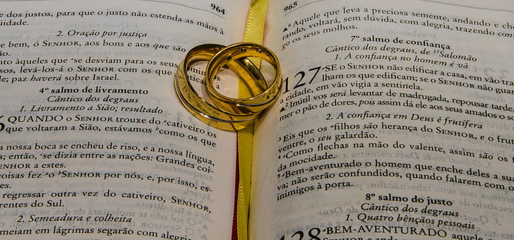 gold-colored wedding ring set on open bible