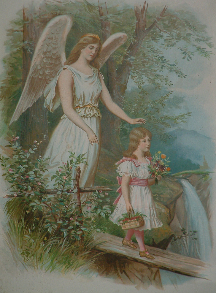 angel behind girl walking on bridge painting