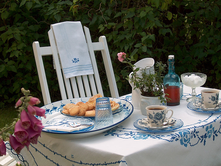 biscuits on top of round white and blue toile ceramic plate on top of white and blue floral table cloth near white wooden Windsor chair on garden during daytime