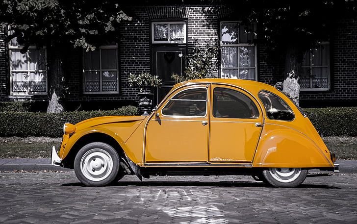 brown Volkswagen Beetle coupe in selective color photography